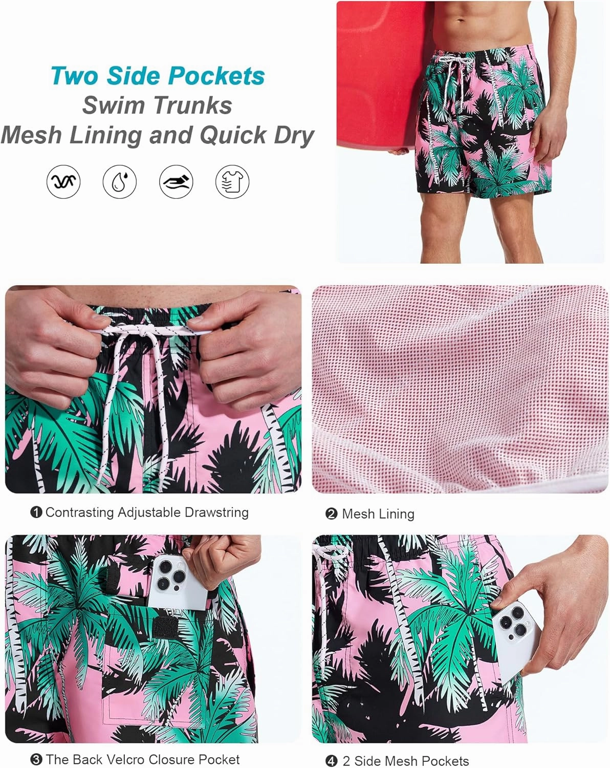 Mens Swim Trunks 6 Inch Inseam Mesh Lining Bathing Suits Quick Dry Beach Shorts Swimsuits Swimwear with Pockets