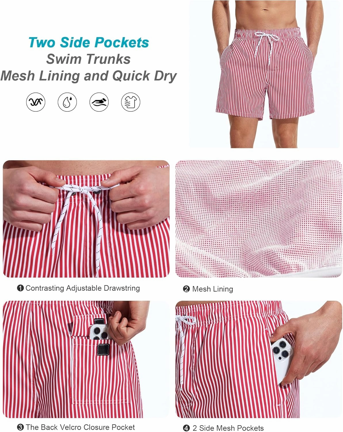 Mens Swim Trunks 6 Inch Inseam Mesh Lining Bathing Suits Quick Dry Beach Shorts Swimsuits Swimwear with Pockets