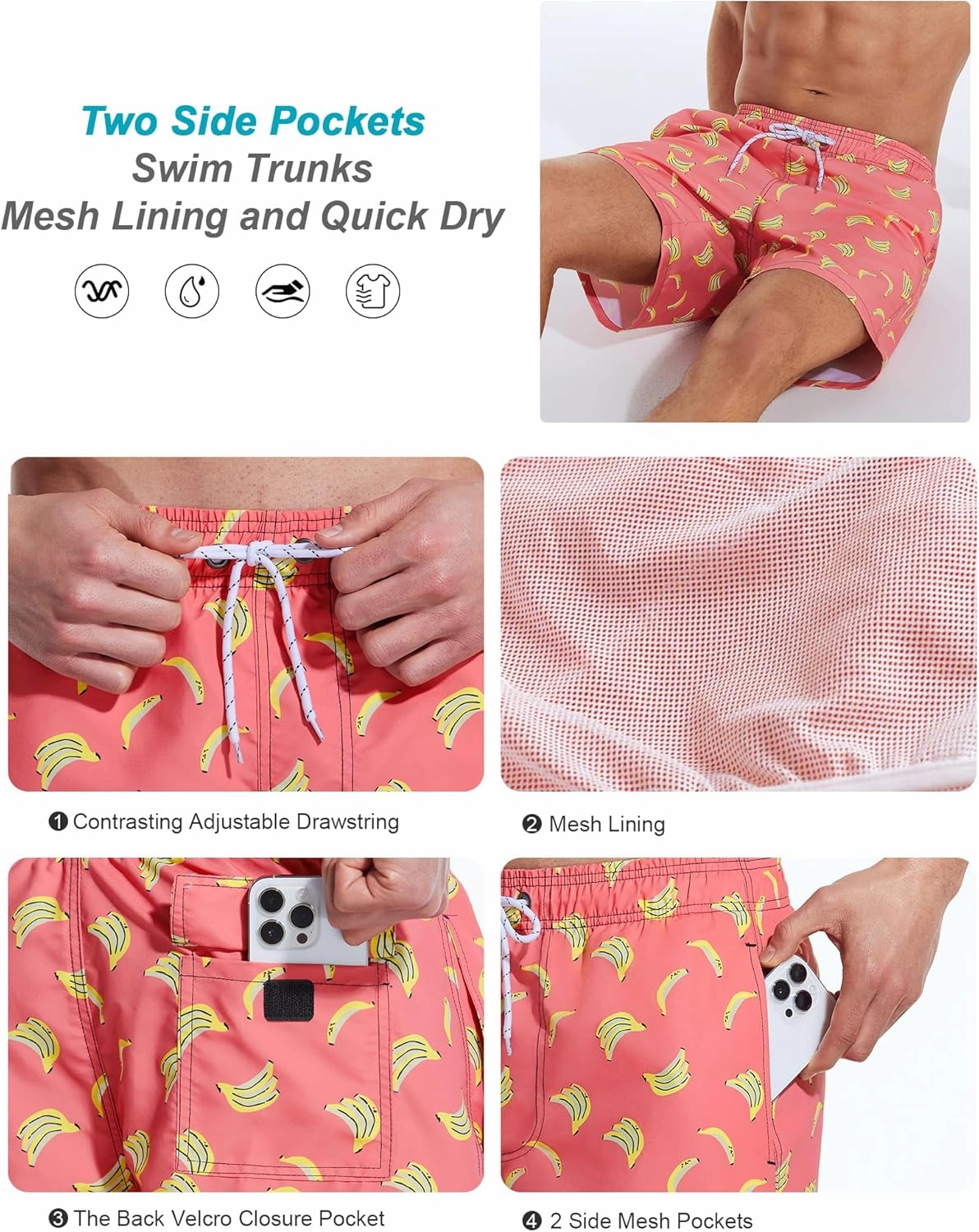 Mens Swim Trunks 6 Inch Inseam Mesh Lining Bathing Suits Quick Dry Beach Shorts Swimsuits Swimwear with Pockets
