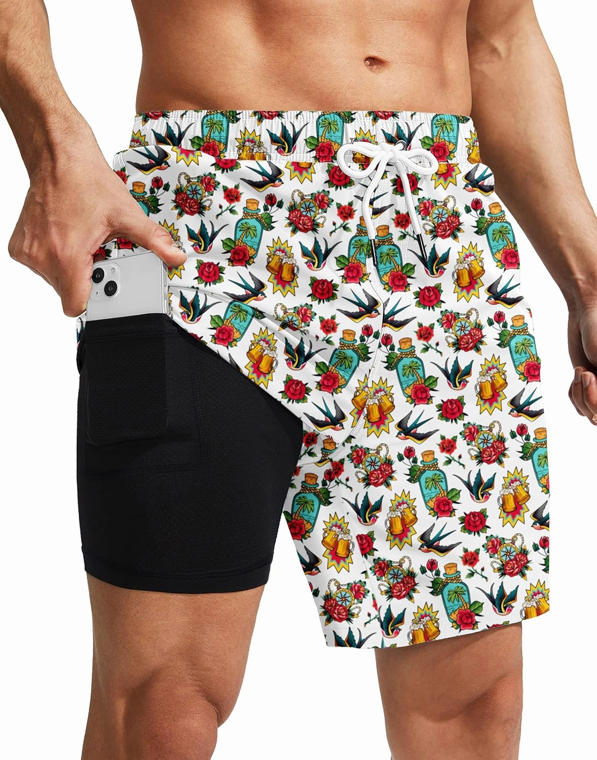 Mens Swim Trunks 7 Inch Inseam Board Shorts with Compression Liner Swimsuit Bathing Suit Quick Dry