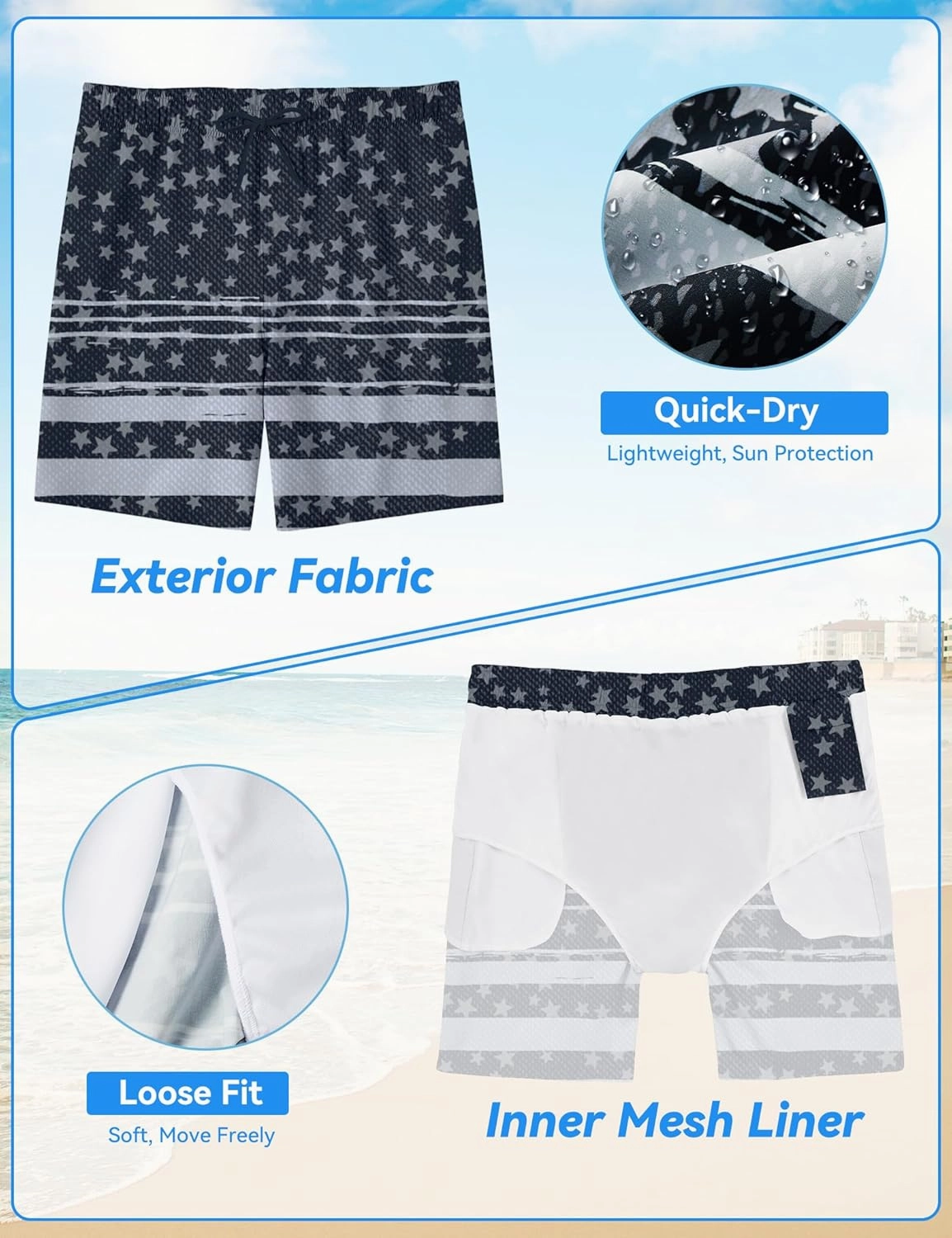 Mens Swim Trunks 8 inch Inseam Mesh Liner Quick-Dry Lightweight 4-Way Stretch Bathing Suit Swimming Trunks for Men UPF 50 