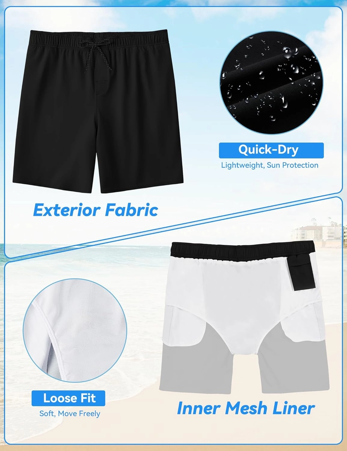 Mens Swim Trunks 8 inch Inseam Mesh Liner Quick-Dry Lightweight 4-Way Stretch Bathing Suit Swimming Trunks for Men UPF 50 
