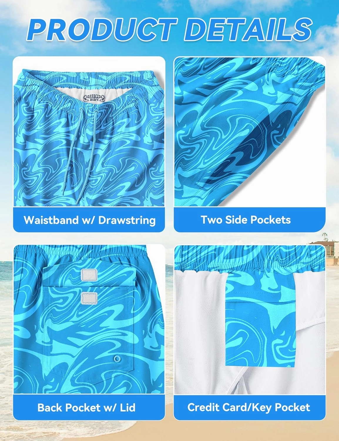 Mens Swim Trunks 8 inch Inseam Mesh Liner Quick-Dry Lightweight 4-Way Stretch Bathing Suit Swimming Trunks for Men UPF 50 