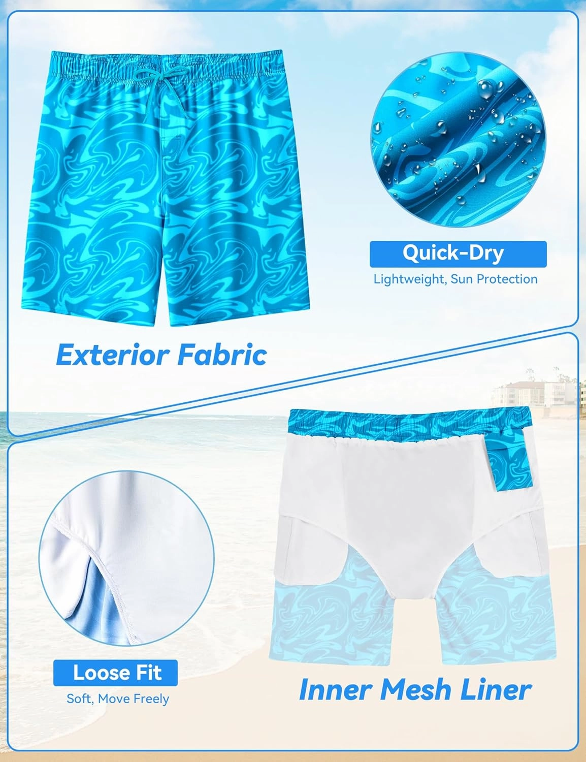 Mens Swim Trunks 8 inch Inseam Mesh Liner Quick-Dry Lightweight 4-Way Stretch Bathing Suit Swimming Trunks for Men UPF 50 