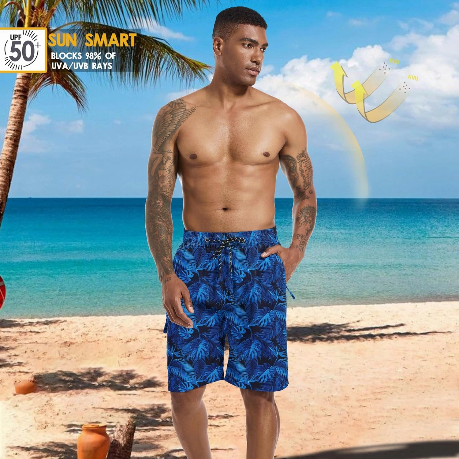 Mens Swim Trunks 9" Board Shorts with Compression Liner Swimsuit Built-in Bathing Suit Quick Dry Swimwear Zipper Pocket