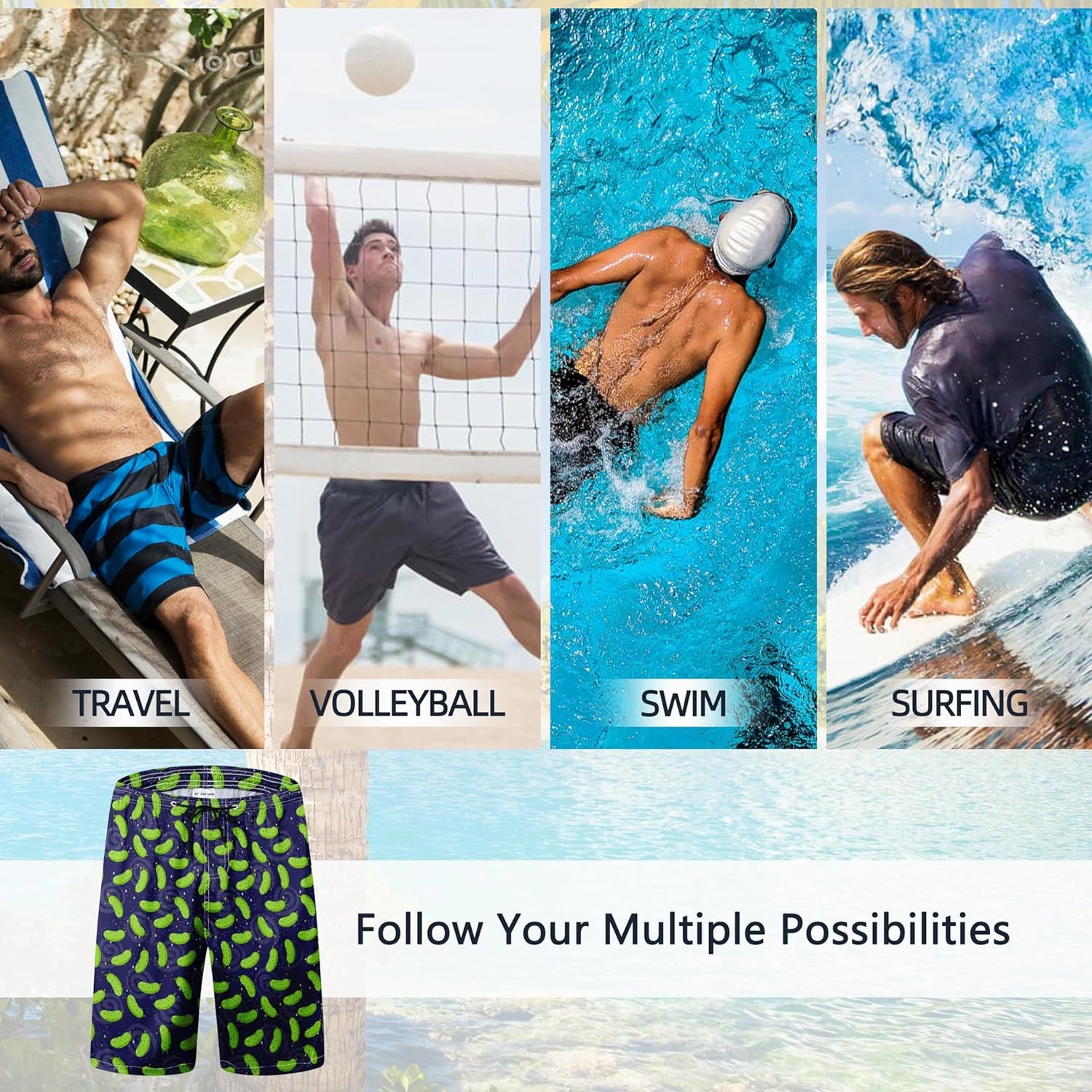 Mens Swim Trunks Quick Dry Board Shorts with Mesh Lining, Breathable Fit Print Beach Shorts Swimwear Bathing Suits