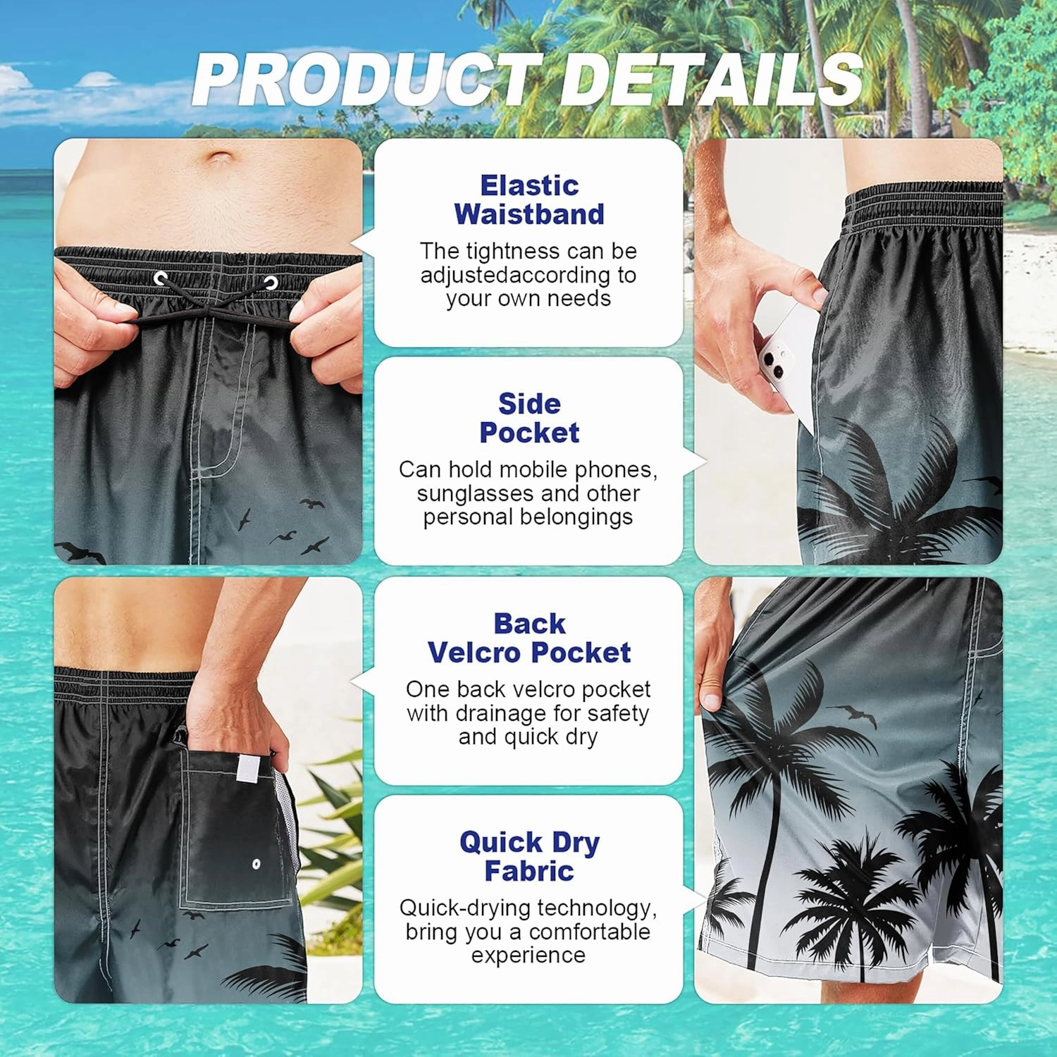 Mens Swim Trunks Quick Dry Board Shorts with Mesh Lining, Breathable Fit Print Beach Shorts Swimwear Bathing Suits