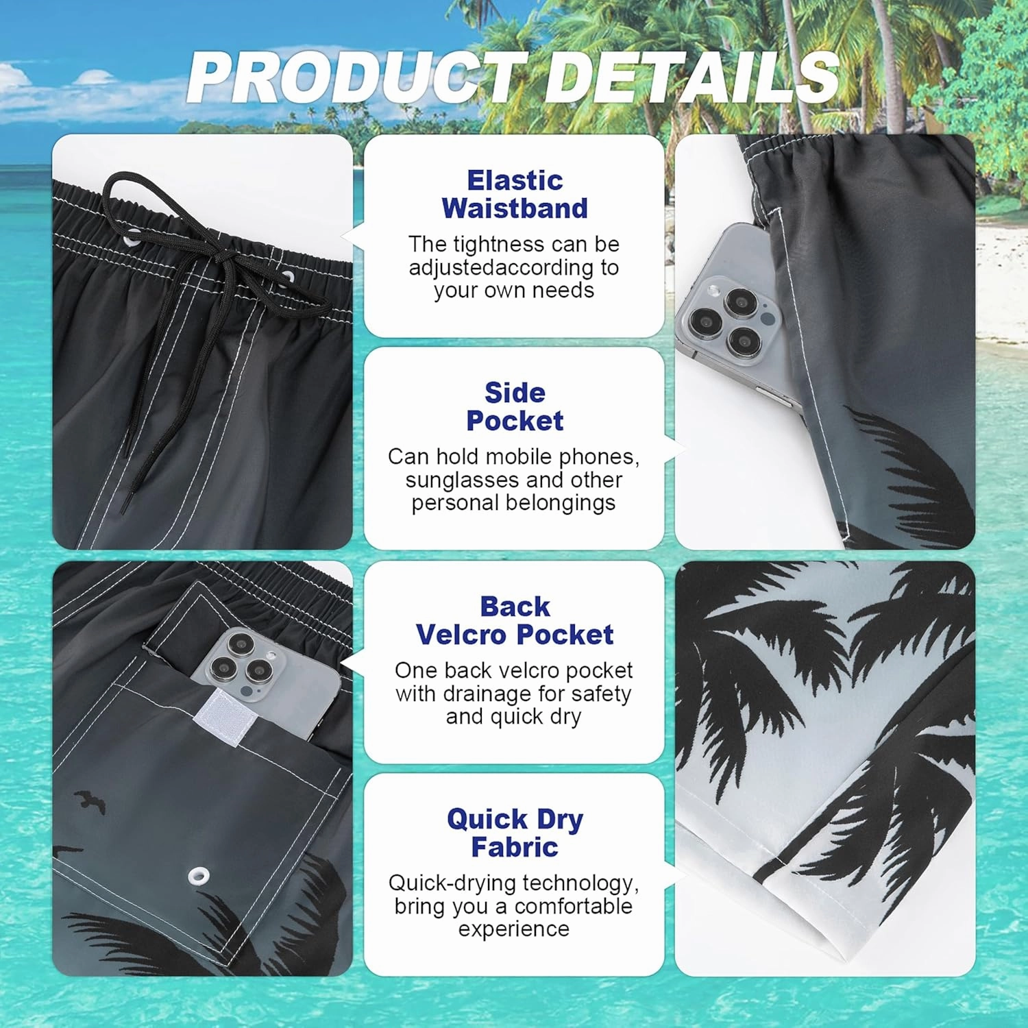 Mens Swim Trunks Quick Dry Board Shorts with Mesh Lining, Breathable Fit Print Beach Shorts Swimwear Bathing Suits