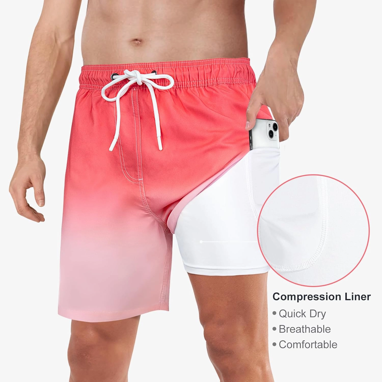 Mens Swim Trunks with Compression Liner 2 in 1 Quick Dry Swimming Shorts Swimwear Bathing Suits with Pockets