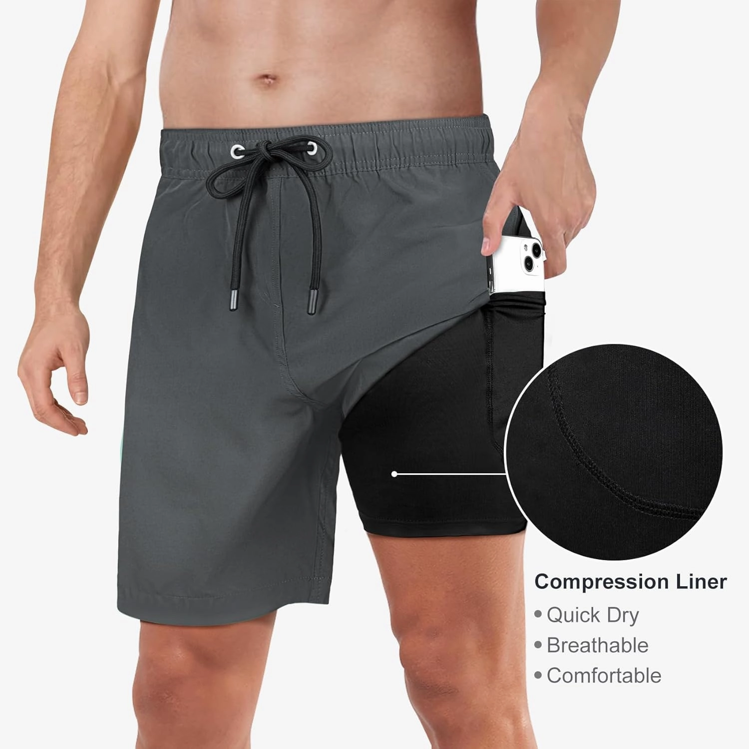 Mens Swim Trunks with Compression Liner 2 in 1 Quick Dry Swimming Shorts Swimwear Bathing Suits with Pockets