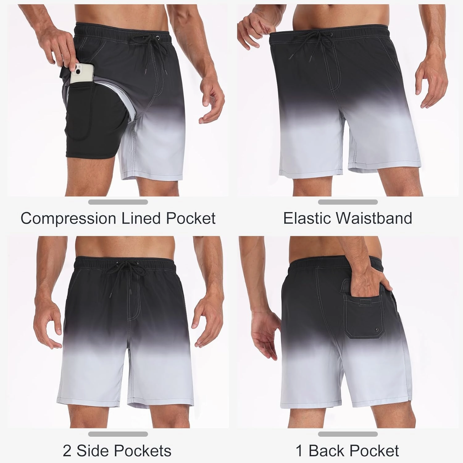 Mens Swim Trunks with Compression Liner 2 in 1 Quick Dry Swimming Shorts Swimwear Bathing Suits with Pockets