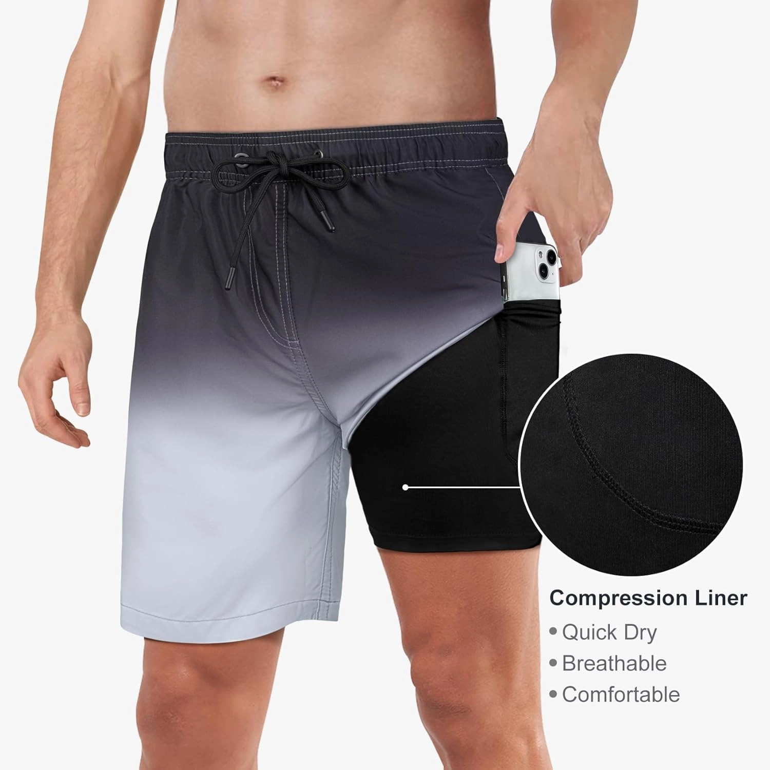 Mens Swim Trunks with Compression Liner 2 in 1 Quick Dry Swimming Shorts Swimwear Bathing Suits with Pockets