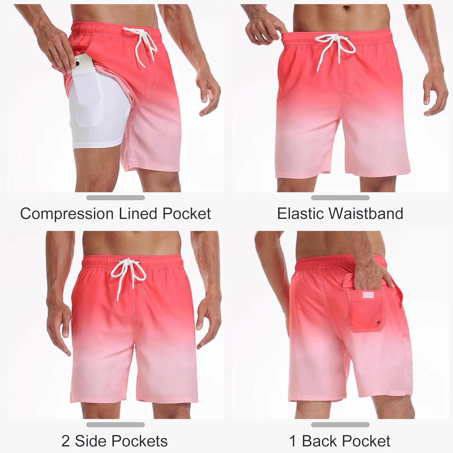 Mens Swim Trunks with Compression Liner 2 in 1 Quick Dry Swimming Shorts Swimwear Bathing Suits with Pockets