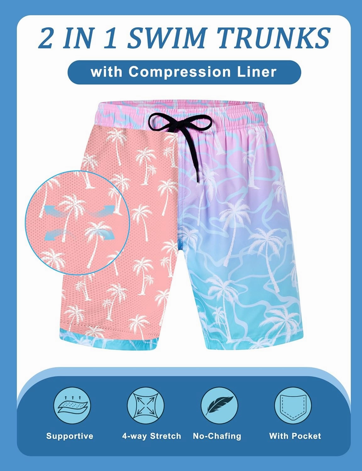 Mens Swim Trunks with Compression Liner 5.5" Inseam Quick Dry Swimsuit Shorts S-XXL