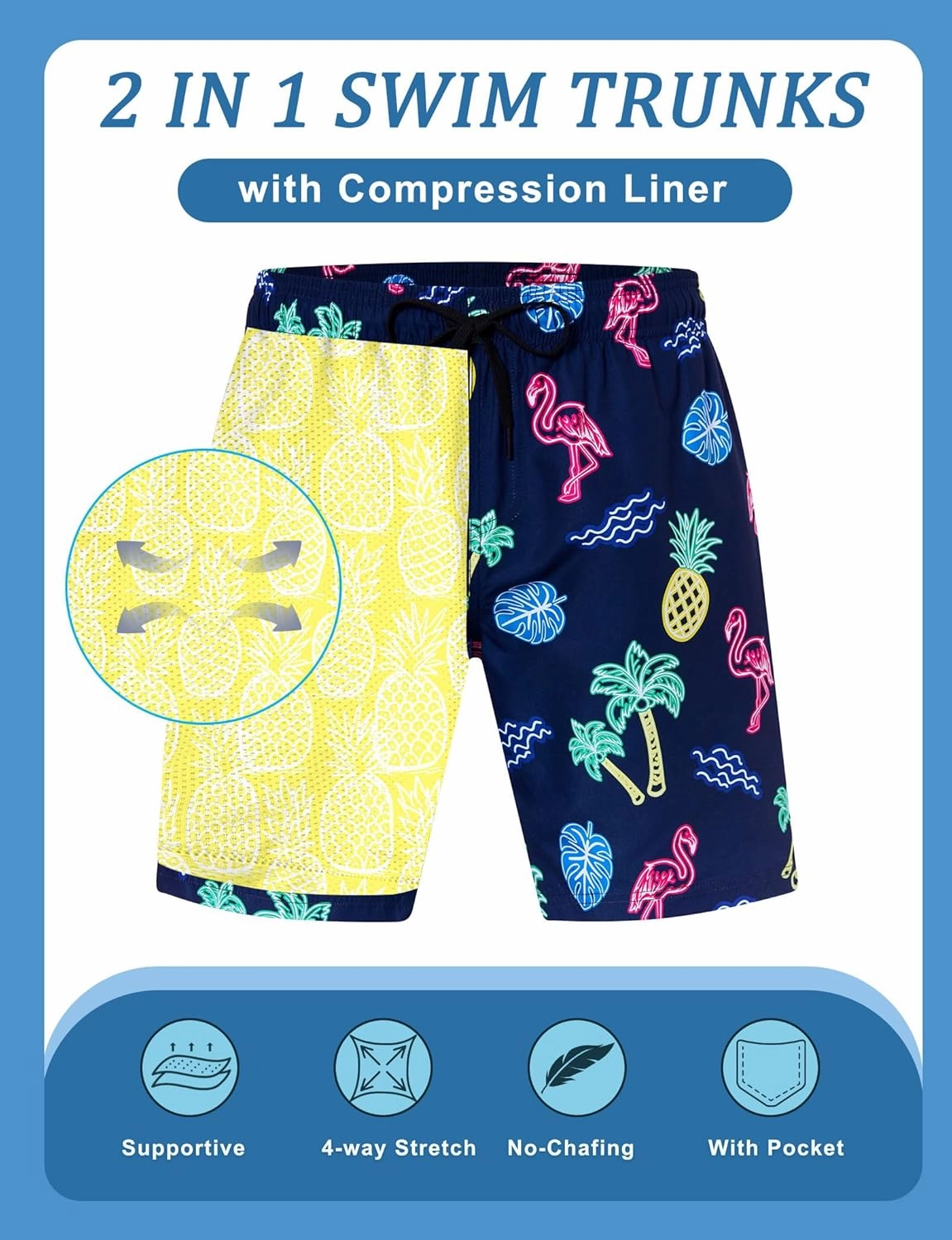 Mens Swim Trunks with Compression Liner 5.5" Inseam Quick Dry Swimsuit Shorts S-XXL