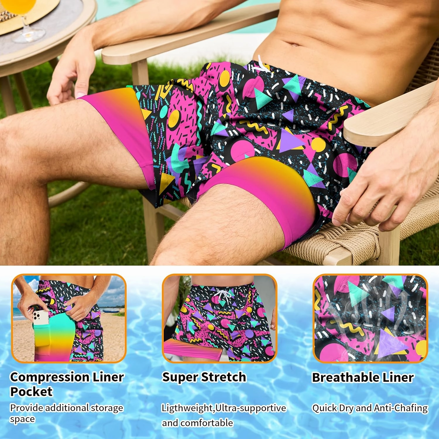 Mens Swim Trunks with Compression Liner 5 Inseam Quick Dry Swimwear Bathing Suit Swimming Board Shorts with 4 Pocket