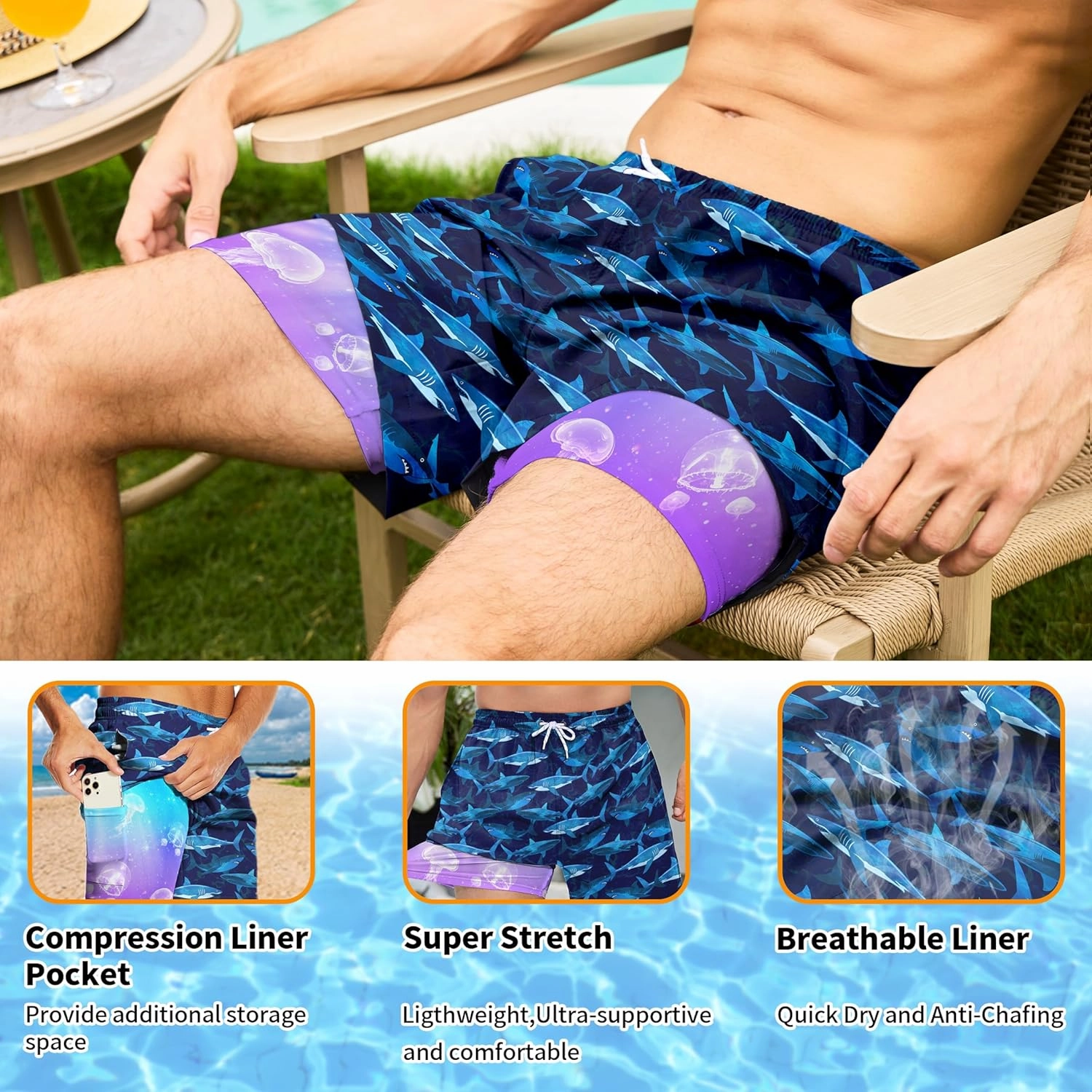 Mens Swim Trunks with Compression Liner 5 Inseam Quick Dry Swimwear Bathing Suit Swimming Board Shorts with 4 Pocket