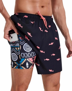 Mens Swim Trunks with Compression Liner 5" Stretch Beach Shorts 2 in 1 Quick Dry with Zipper Pockets Board Shorts