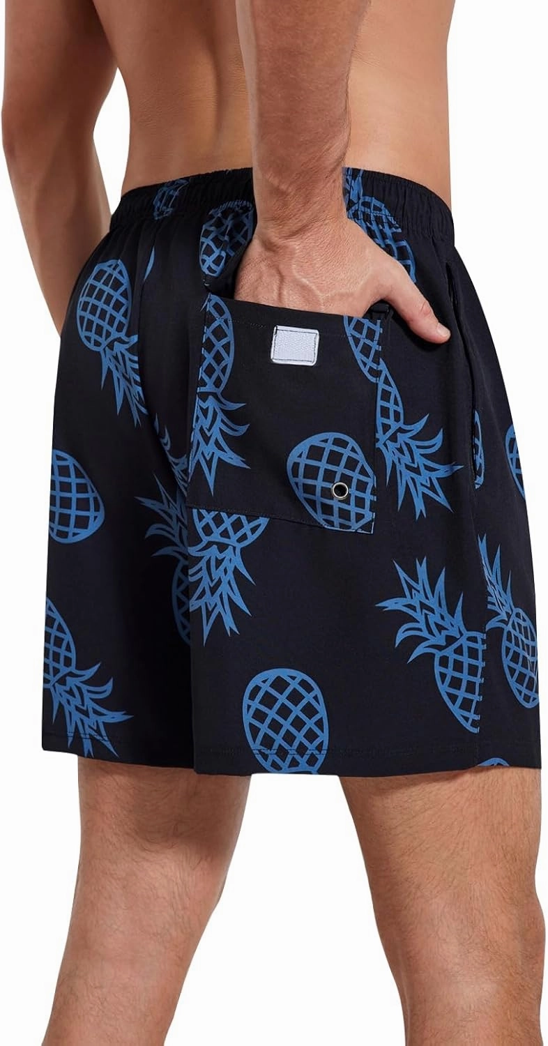 Mens Swim Trunks with Compression Liner 5" Stretch Beach Shorts 2 in 1 Quick Dry with Zipper Pockets Board Shorts