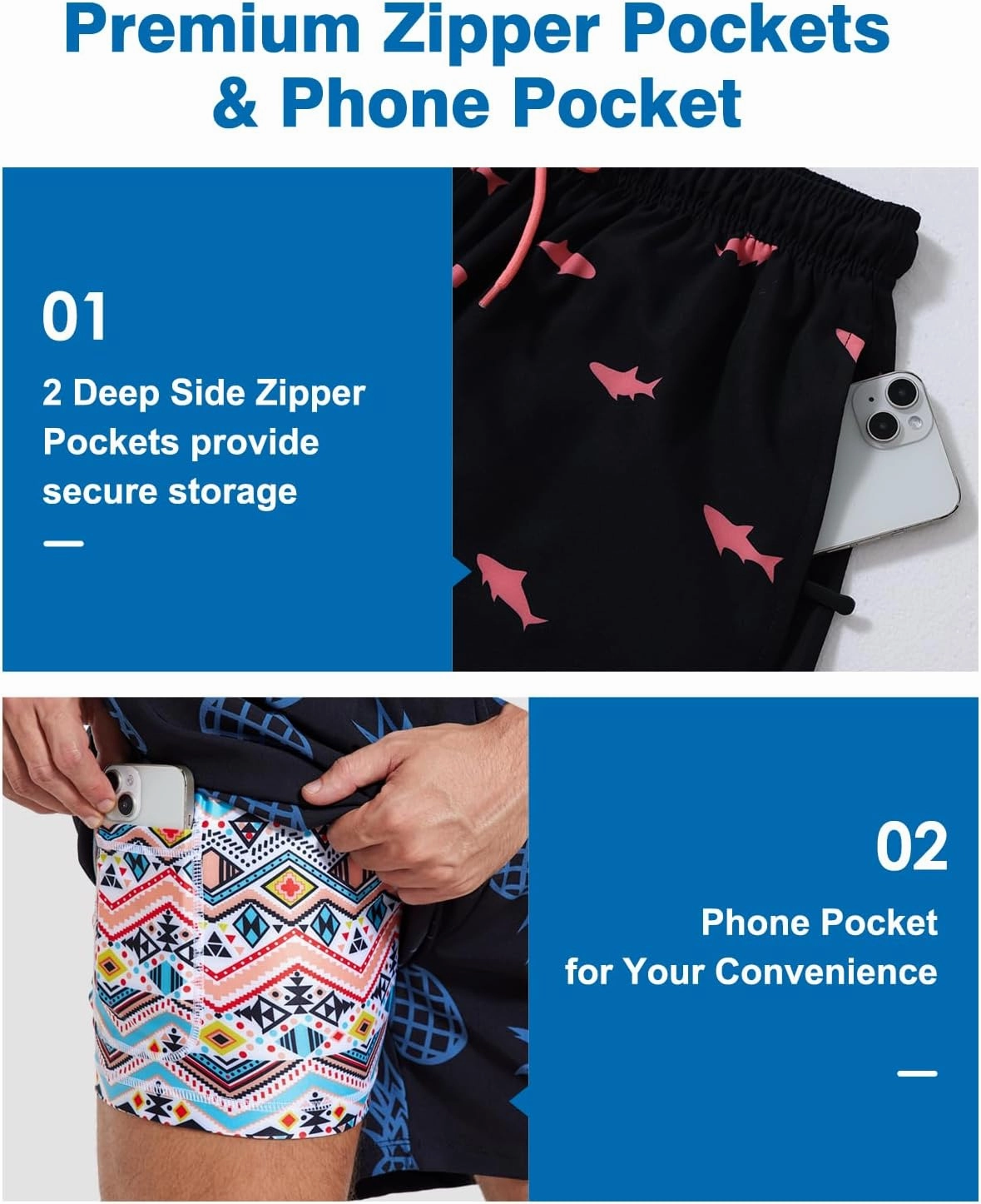Mens Swim Trunks with Compression Liner 5" Stretch Beach Shorts 2 in 1 Quick Dry with Zipper Pockets Board Shorts