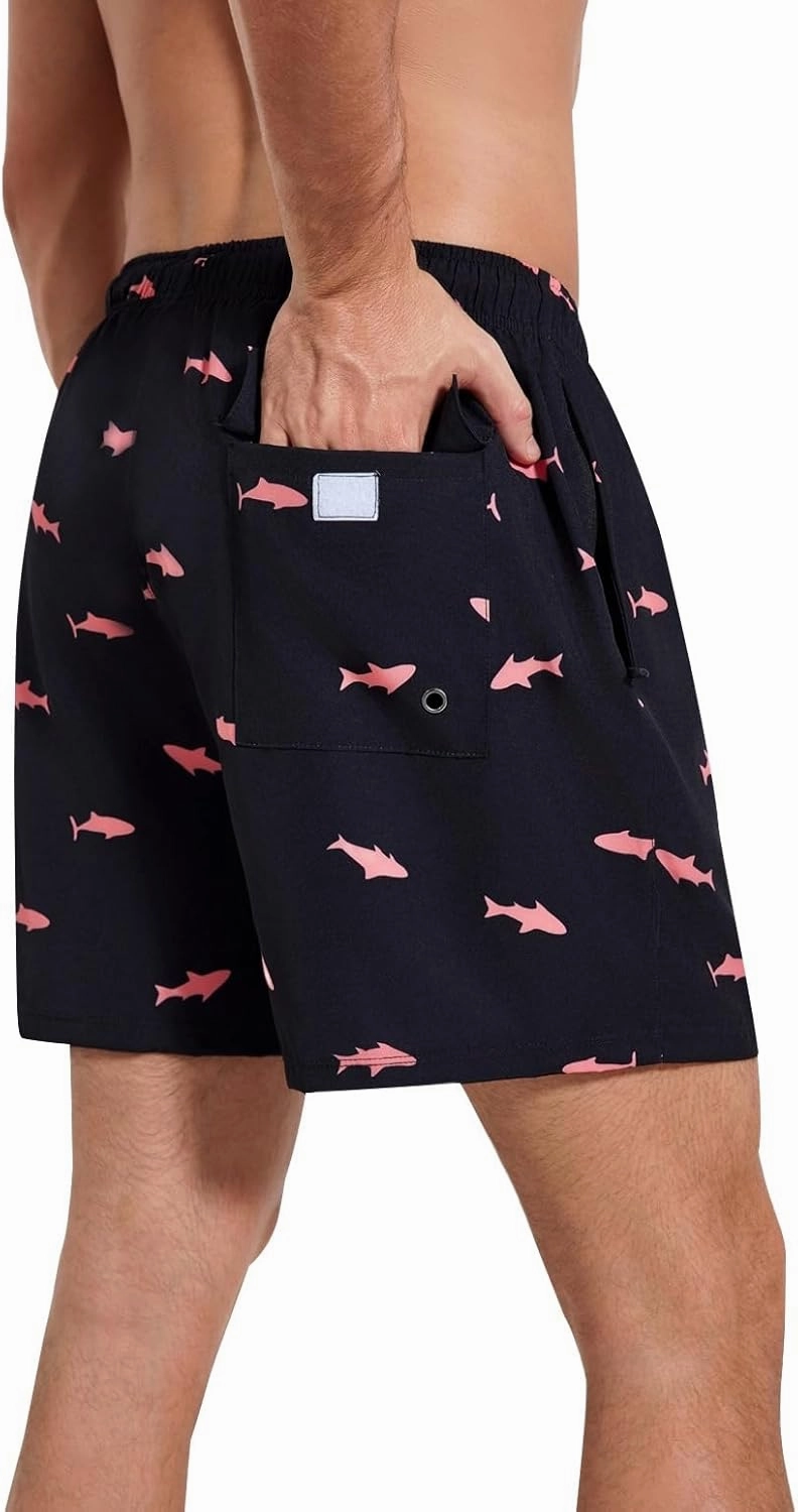 Mens Swim Trunks with Compression Liner 5" Stretch Beach Shorts 2 in 1 Quick Dry with Zipper Pockets Board Shorts
