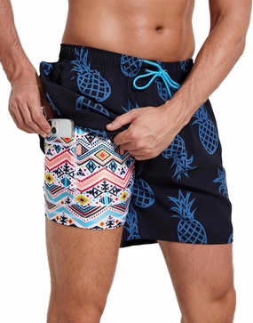 Mens Swim Trunks with Compression Liner 5" Stretch Beach Shorts 2 in 1 Quick Dry with Zipper Pockets Board Shorts