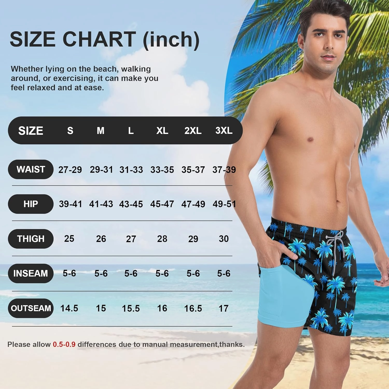 Mens Swim Trunks with Compression Liner 5" Stretch Board Shorts Quick Dry Zipper Pockets 2 in 1 Mens Bathing Suits