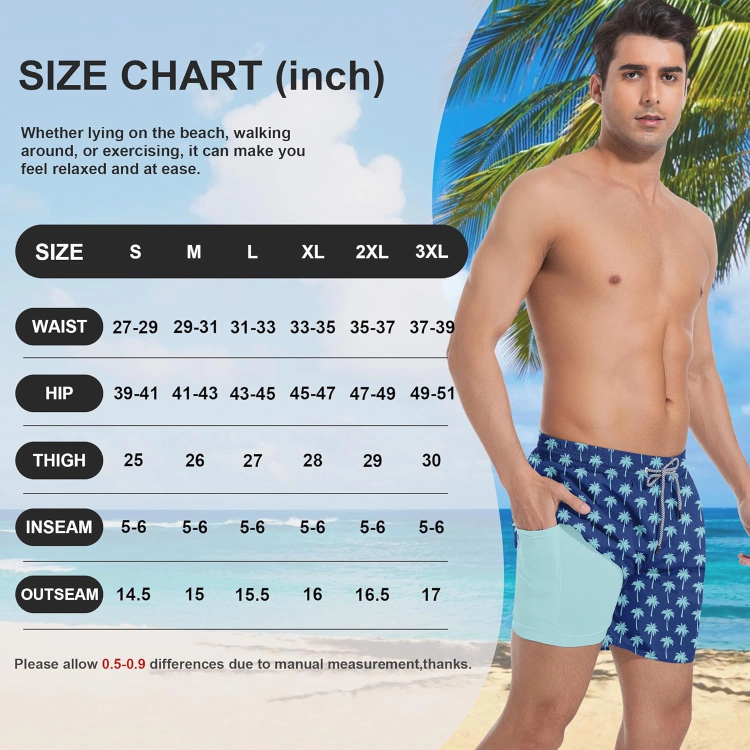 Mens Swim Trunks with Compression Liner 5" Stretch Board Shorts Quick Dry Zipper Pockets 2 in 1 Mens Bathing Suits