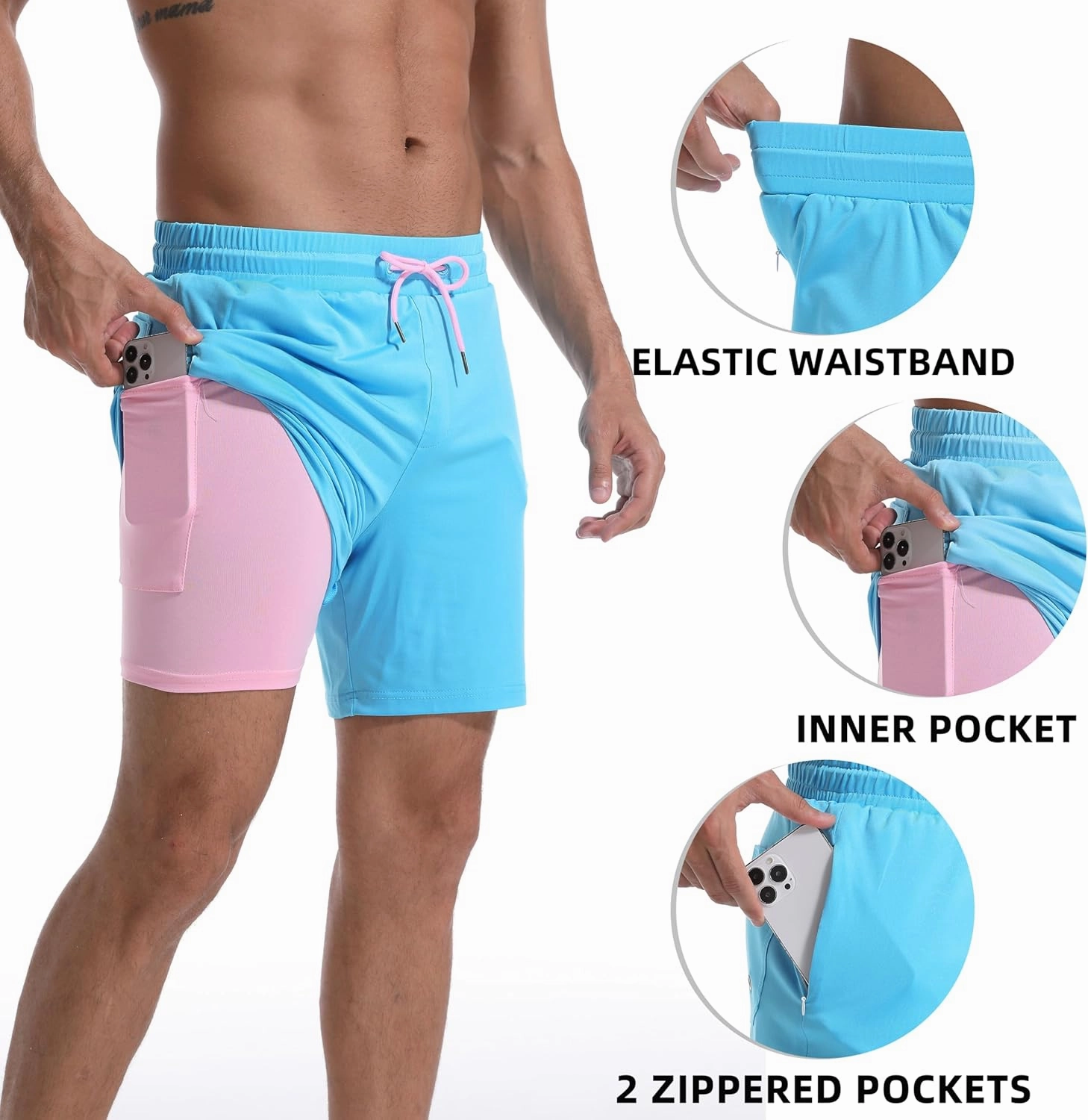 Mens Swim Trunks with Compression Liner 7" Board Shorts with Zipper Pockets 2 in 1 Quick Dry Bathing Suits
