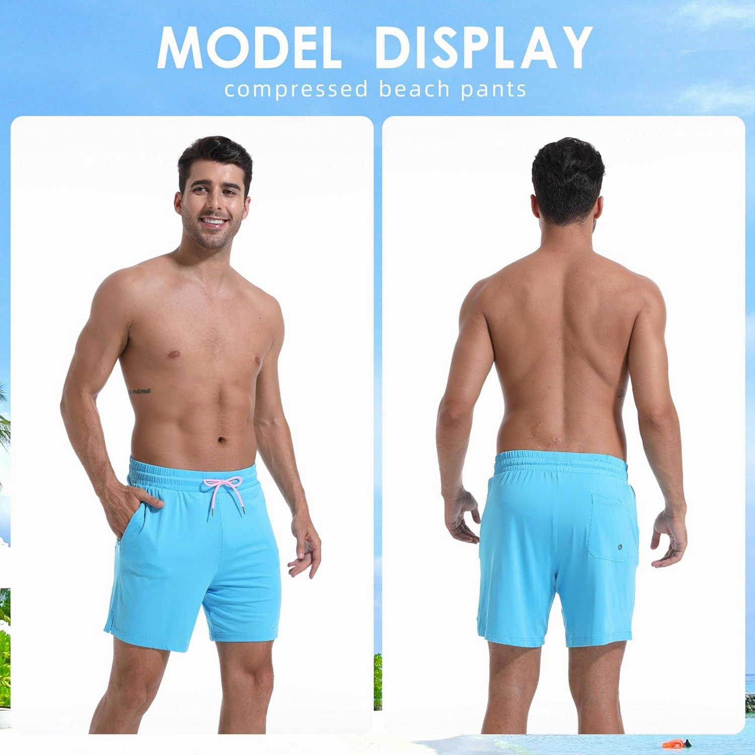Mens Swim Trunks with Compression Liner 7" Board Shorts with Zipper Pockets 2 in 1 Quick Dry Bathing Suits