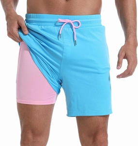 Mens Swim Trunks with Compression Liner 7" Board Shorts with Zipper Pockets 2 in 1 Quick Dry Bathing Suits