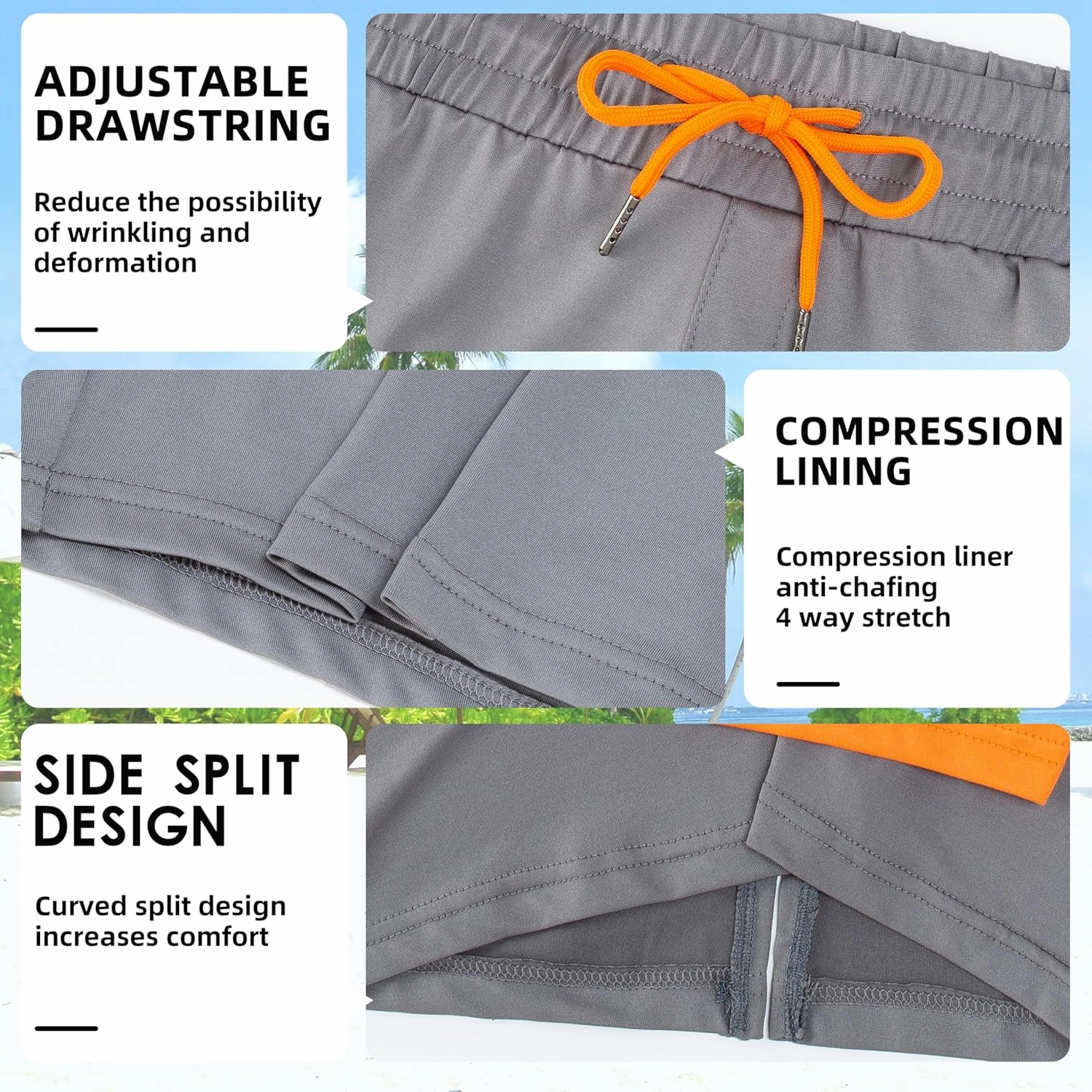 Mens Swim Trunks with Compression Liner 7" Board Shorts with Zipper Pockets 2 in 1 Quick Dry Bathing Suits