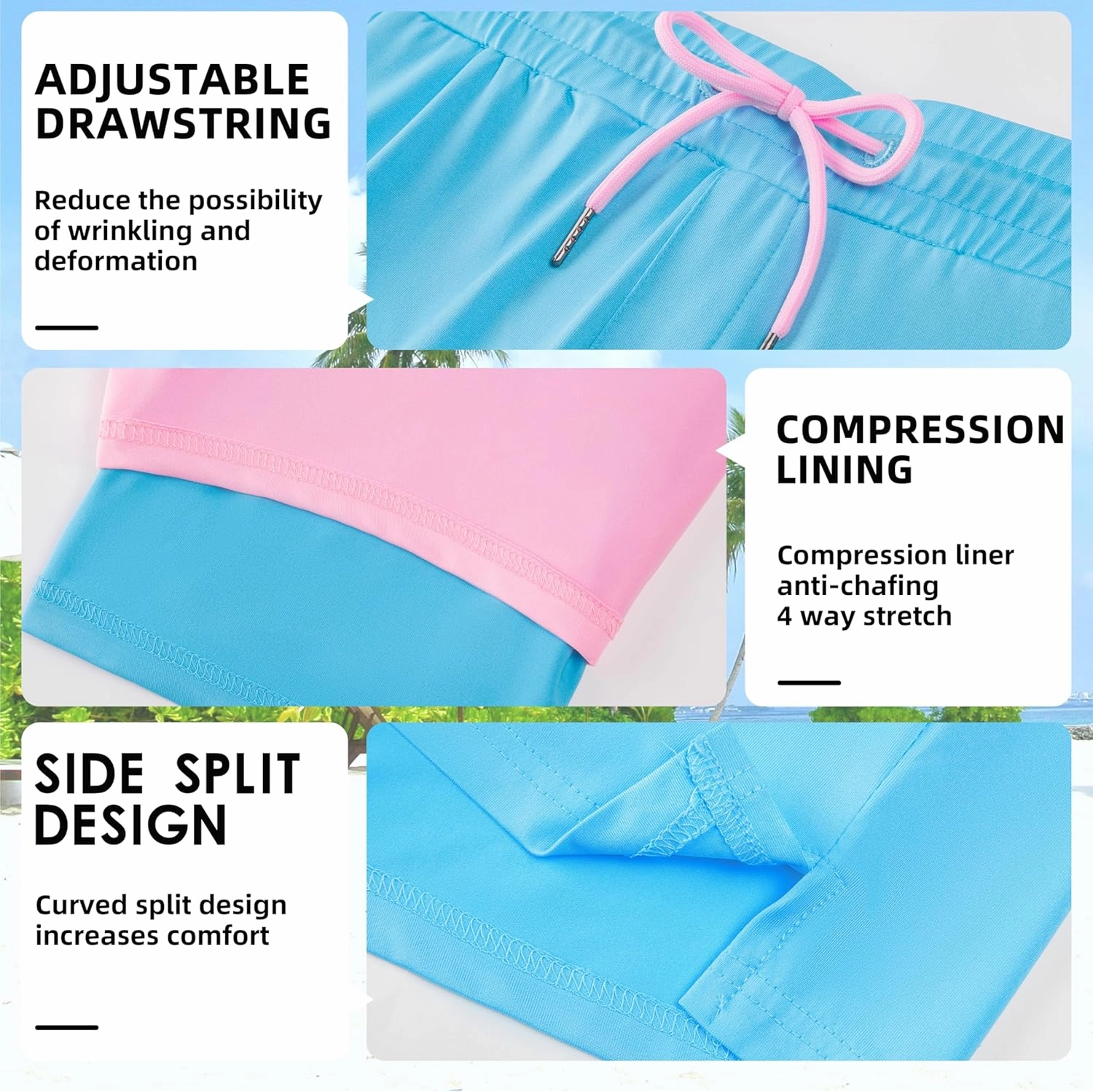 Mens Swim Trunks with Compression Liner 7" Board Shorts with Zipper Pockets 2 in 1 Quick Dry Bathing Suits