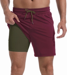 Mens Swim Trunks with Compression Liner 7" Board Shorts with Zipper Pockets 2 in 1 Quick Dry Bathing Suits