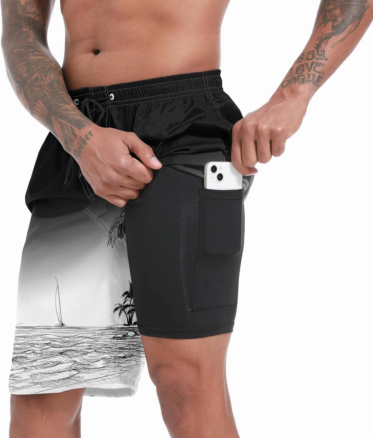 Mens Swim Trunks with Compression Liner 9" Board Shorts 2 in 1 Quick Dry Beach Swimwear Bathing Suits for Men