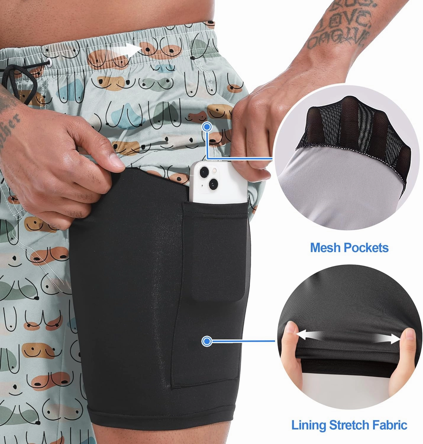 Mens Swim Trunks with Compression Liner 9" Board Shorts 2 in 1 Quick Dry Beach Swimwear Bathing Suits for Men
