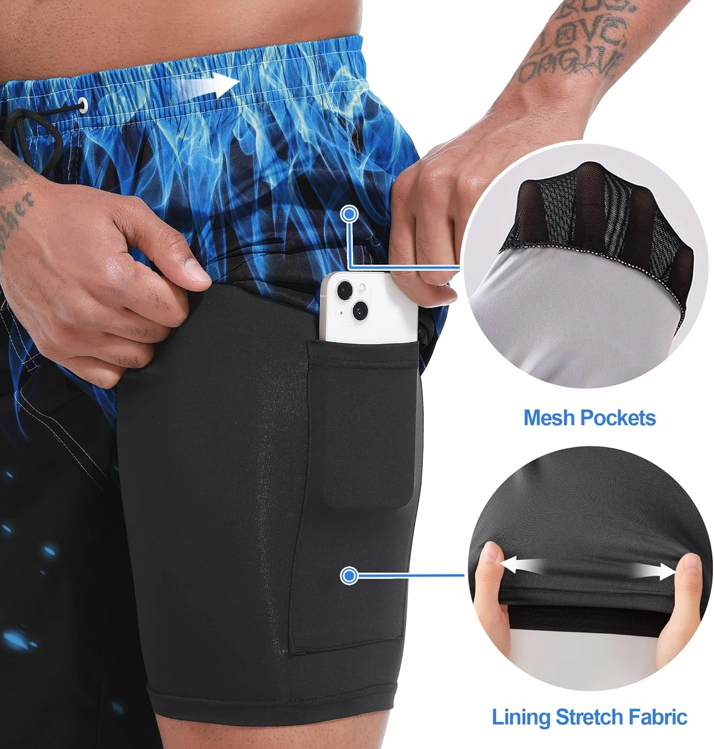 Mens Swim Trunks with Compression Liner 9" Board Shorts 2 in 1 Quick Dry Beach Swimwear Bathing Suits for Men