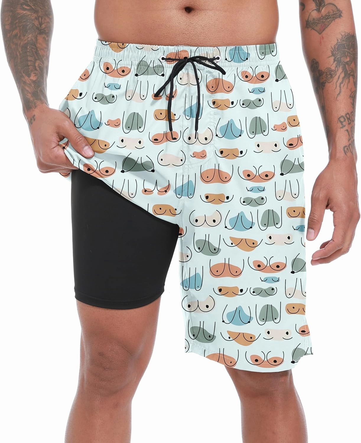Mens Swim Trunks with Compression Liner 9" Board Shorts 2 in 1 Quick Dry Beach Swimwear Bathing Suits for Men