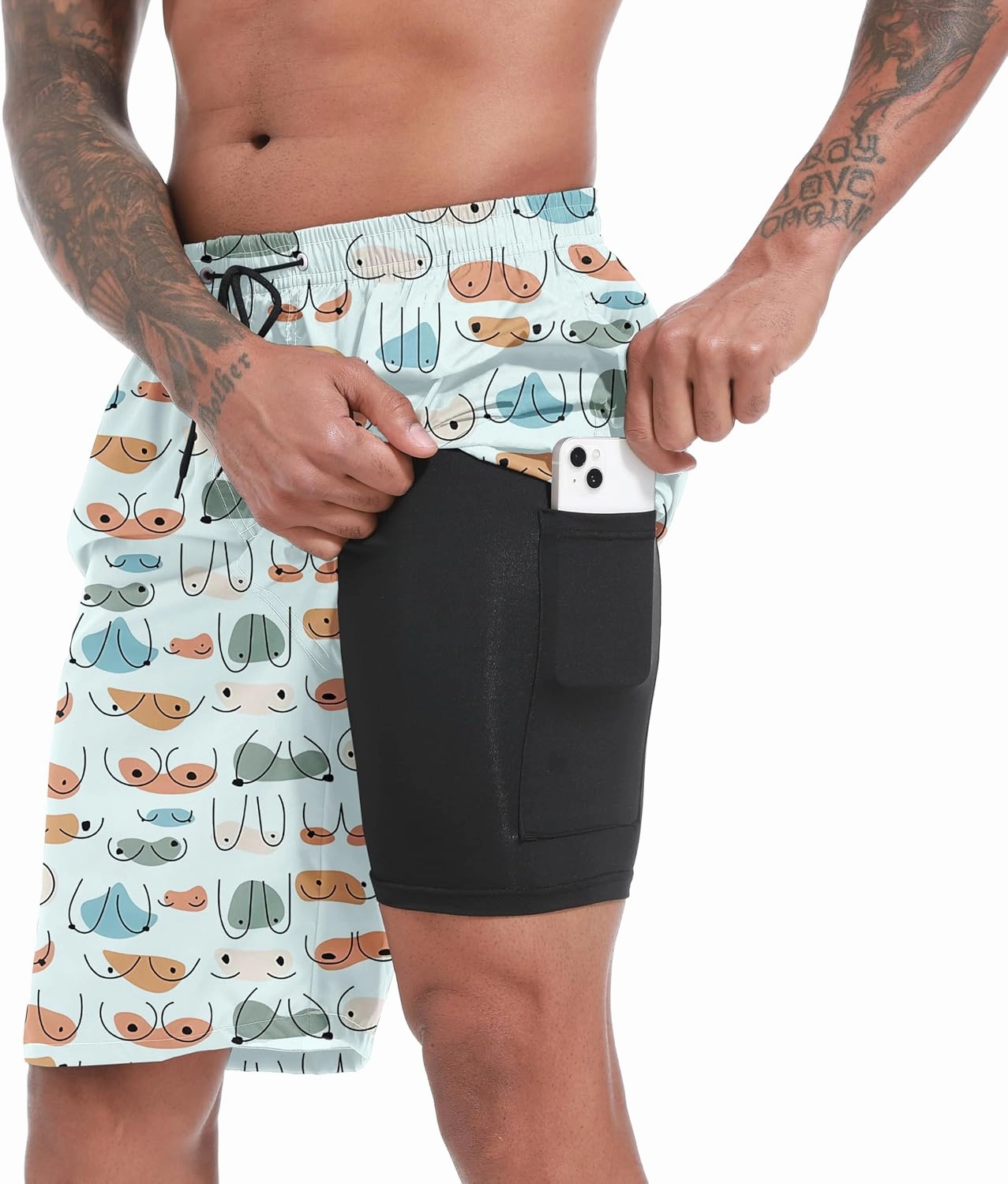 Mens Swim Trunks with Compression Liner 9" Board Shorts 2 in 1 Quick Dry Beach Swimwear Bathing Suits for Men