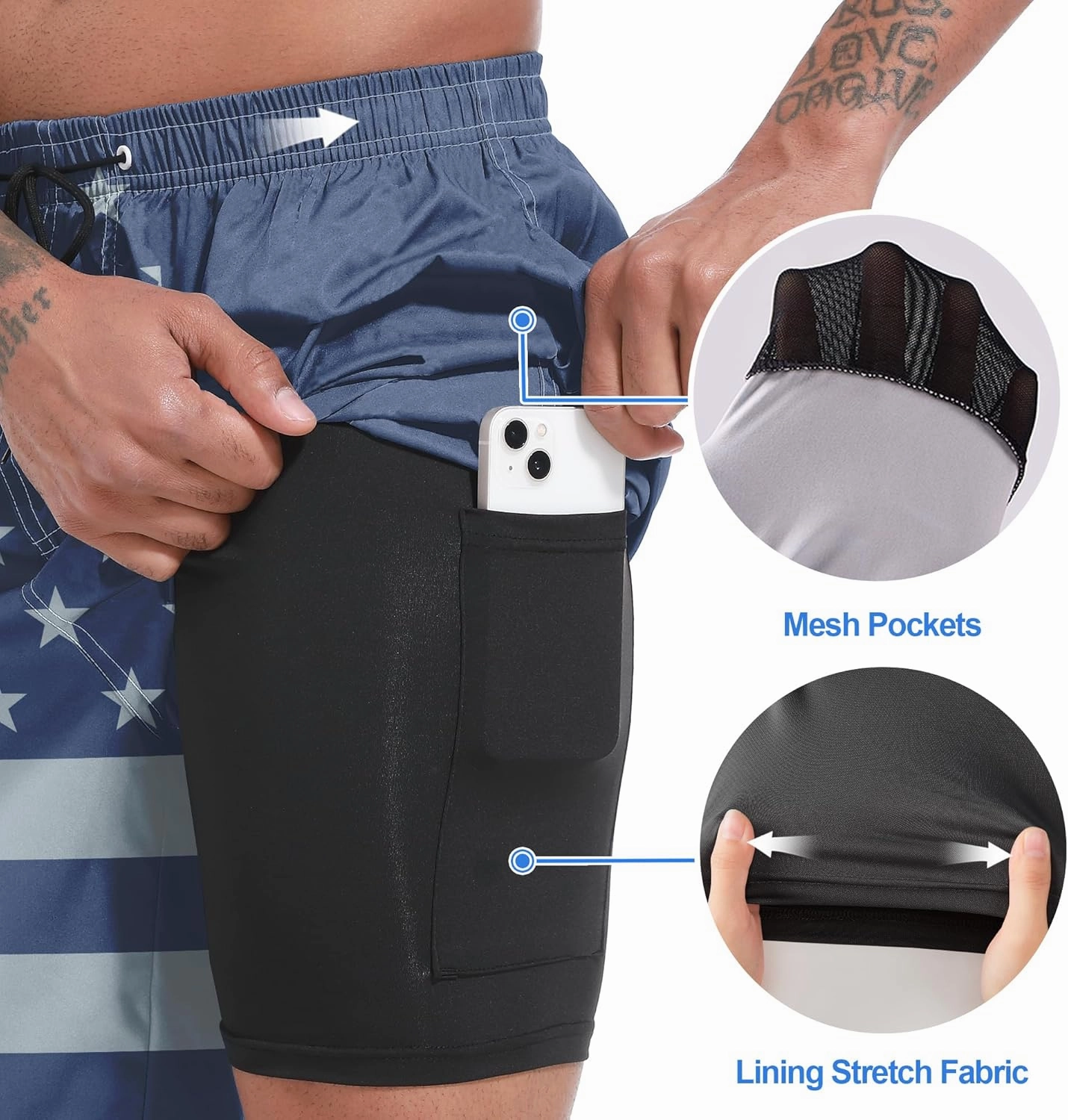 Mens Swim Trunks with Compression Liner 9" Board Shorts 2 in 1 Quick Dry Beach Swimwear Bathing Suits for Men