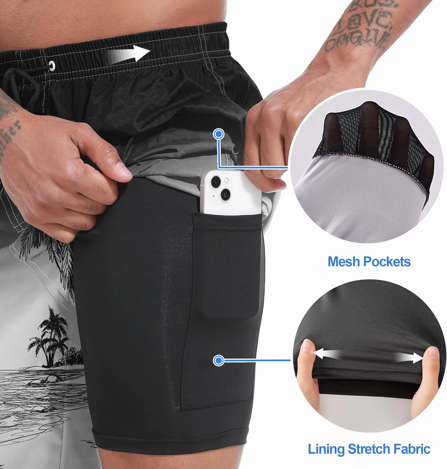 Mens Swim Trunks with Compression Liner 9" Board Shorts 2 in 1 Quick Dry Beach Swimwear Bathing Suits for Men