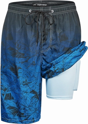 Mens Swim Trunks with Compression Liner 9" Built-in Board Shorts 2 in 1 Quick Dry Bathing Suits with Zipper Pockets