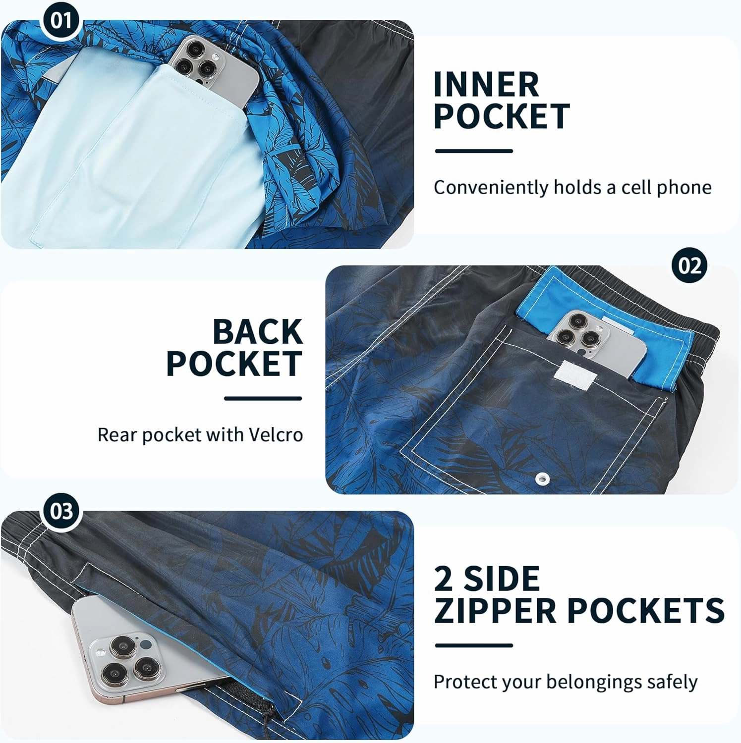 Mens Swim Trunks with Compression Liner 9" Built-in Board Shorts 2 in 1 Quick Dry Bathing Suits with Zipper Pockets