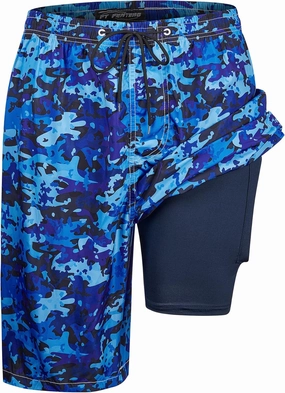 Mens Swim Trunks with Compression Liner 9" Built-in Board Shorts 2 in 1 Quick Dry Bathing Suits with Zipper Pockets