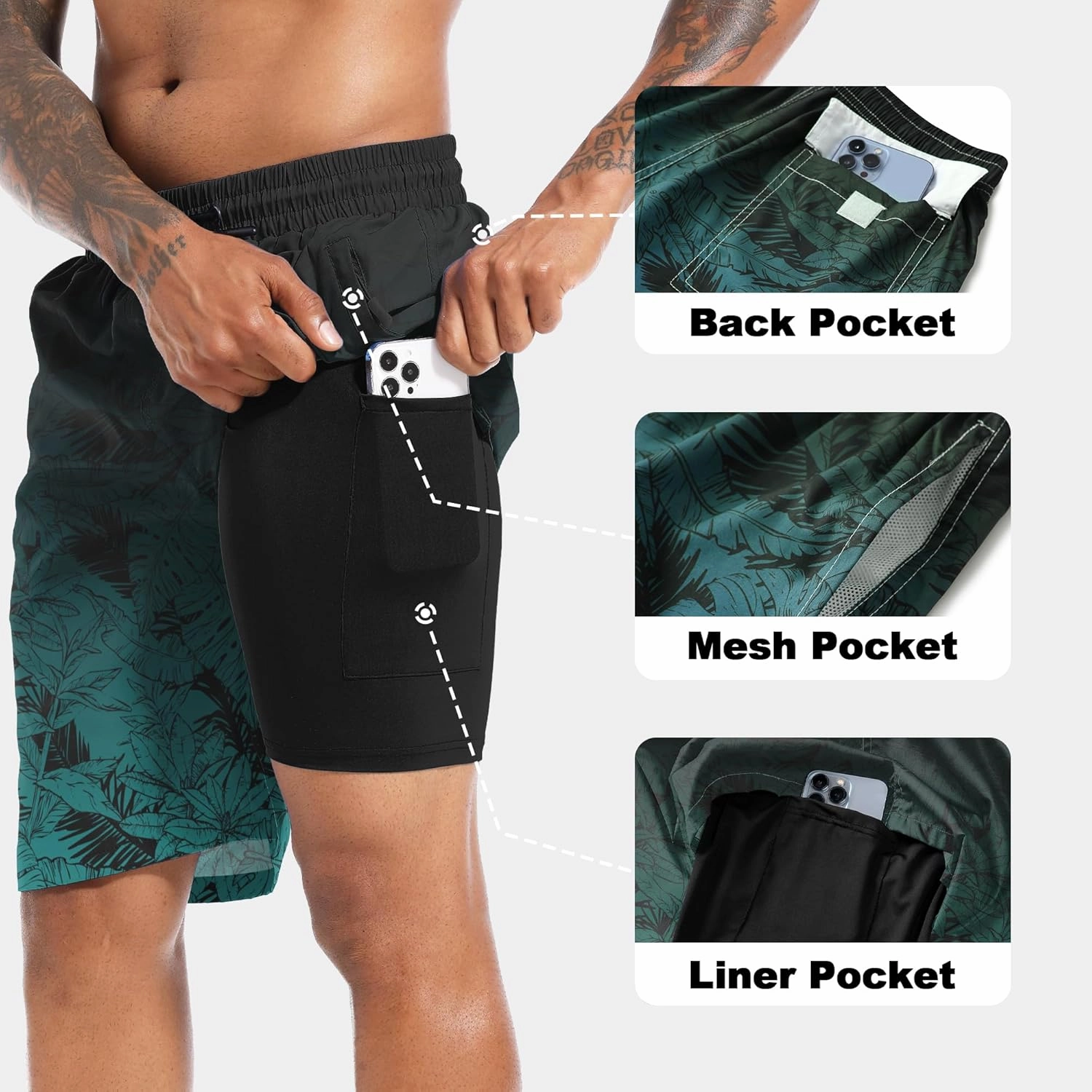 Mens Swim Trunks with Compression Liner 9" Stretch Board Shorts 2 in 1 Quick Dry Swimwear Bathing Suits