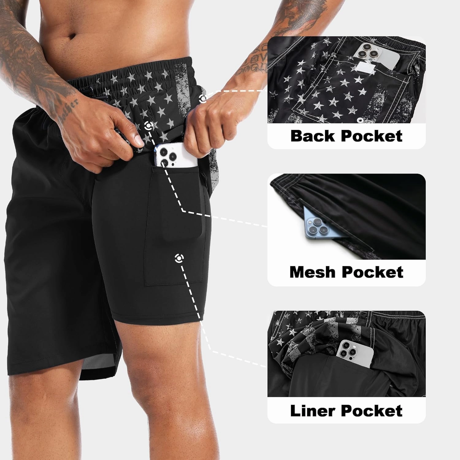 Mens Swim Trunks with Compression Liner 9" Stretch Board Shorts 2 in 1 Quick Dry Swimwear Bathing Suits