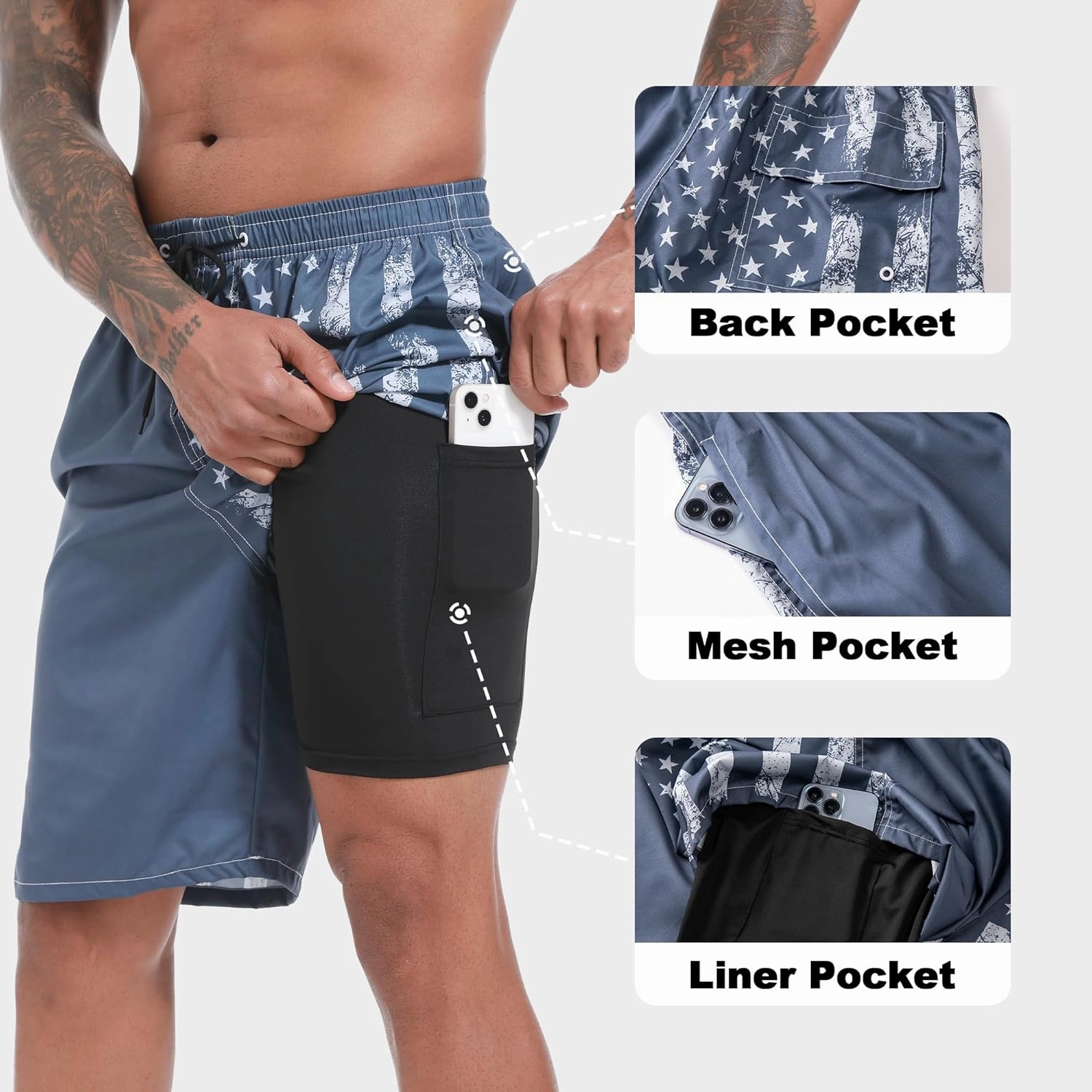 Mens Swim Trunks with Compression Liner 9" Stretch Board Shorts 2 in 1 Quick Dry Swimwear Bathing Suits