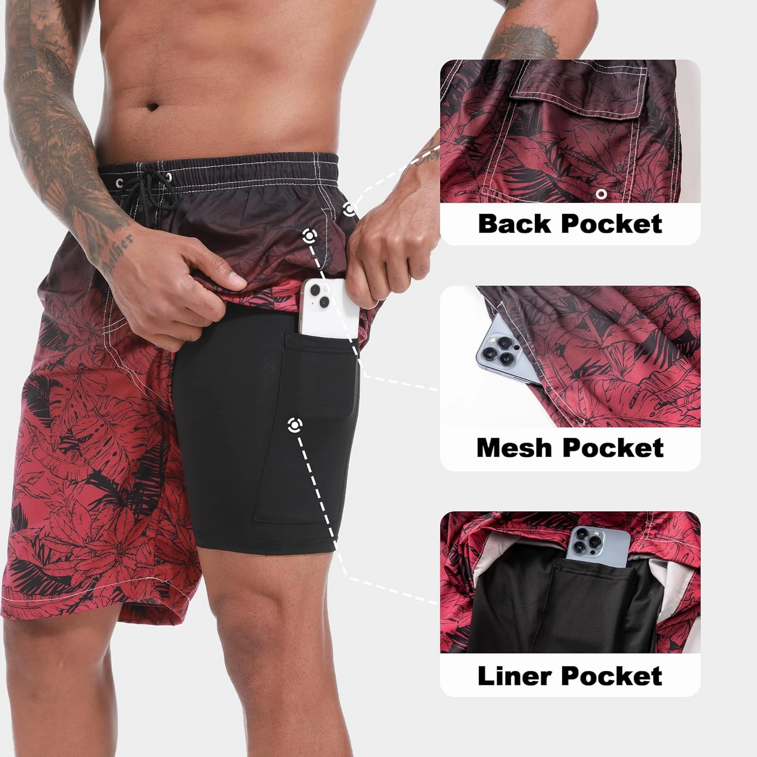 Mens Swim Trunks with Compression Liner 9" Stretch Board Shorts 2 in 1 Quick Dry Swimwear Bathing Suits