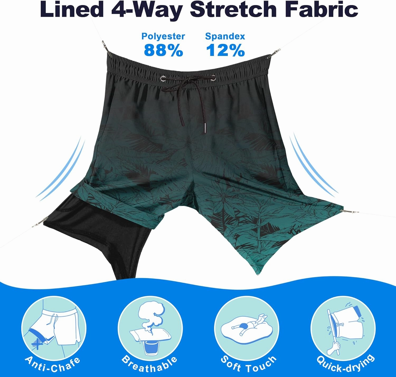 Mens Swim Trunks with Compression Liner 9" Stretch Board Shorts 2 in 1 Quick Dry Swimwear Bathing Suits