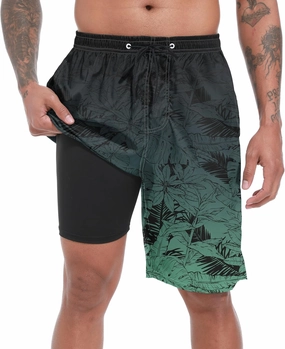 Mens Swim Trunks with Compression Liner 9" Stretch Board Shorts 2 in 1 Quick Dry Swimwear Bathing Suits